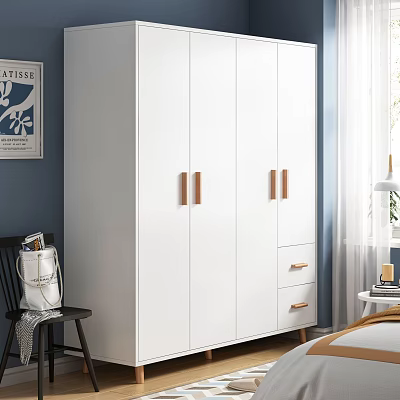 Modern White Wardrobe With Wooden Handles And Drawers For Bedroom Storage Design 3d model