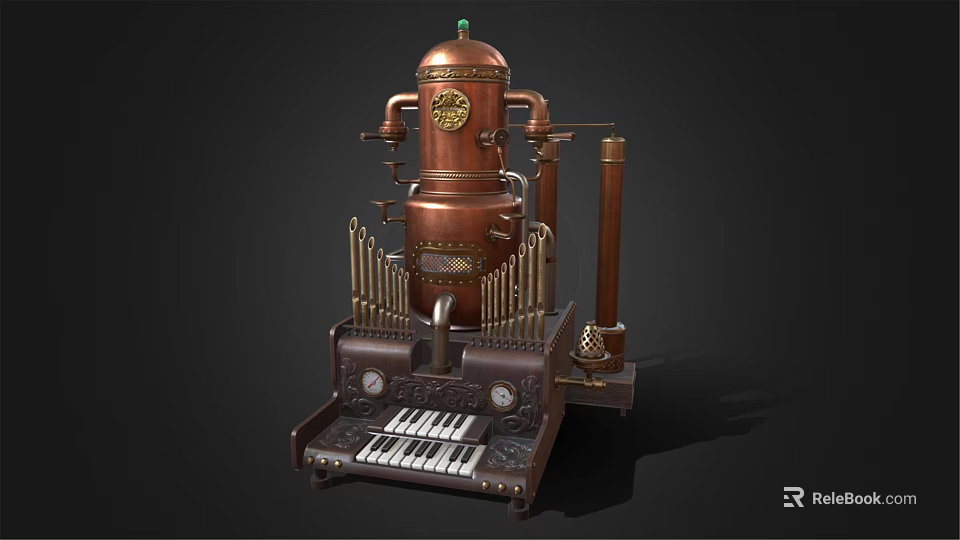 Steampunk Style Kitchen Appliance with Copper Pipes Gauges and Keyboard Panel Design 3d model