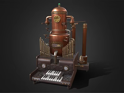 Steampunk Style Kitchen Appliance with Copper Pipes Gauges and Keyboard Panel Design 3d model