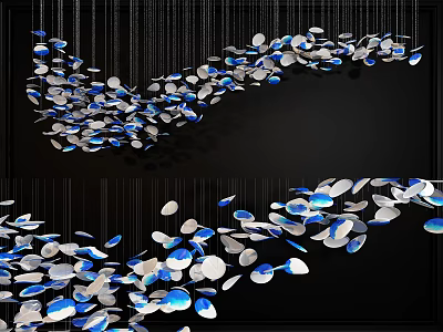 Modern Chandelier Featuring Blue White Petal Elements Suspended by Thin Wires in Flowing Wave Design 3d model