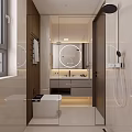 Modern Bright Bathroom Interior Design With Smart Toilet Floating Vanity And Round LED Mirror