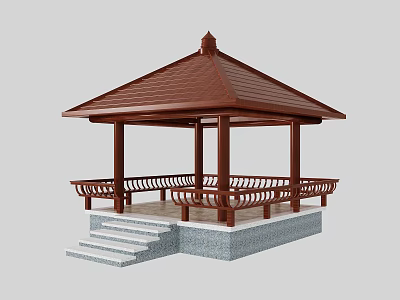 Traditional Pavilion With Brown Tiled Roof Columns Benches Stone Steps And Base 3d model