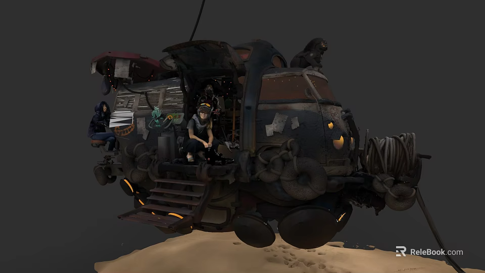 Floating Worn Bus With Mechanical Parts And People On Sandy Ground 3d model 