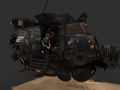 Floating Worn Bus With Mechanical Parts And People On Sandy Ground 3d model