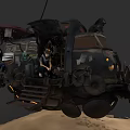 Floating Worn Bus With Mechanical Parts And People On Sandy Ground