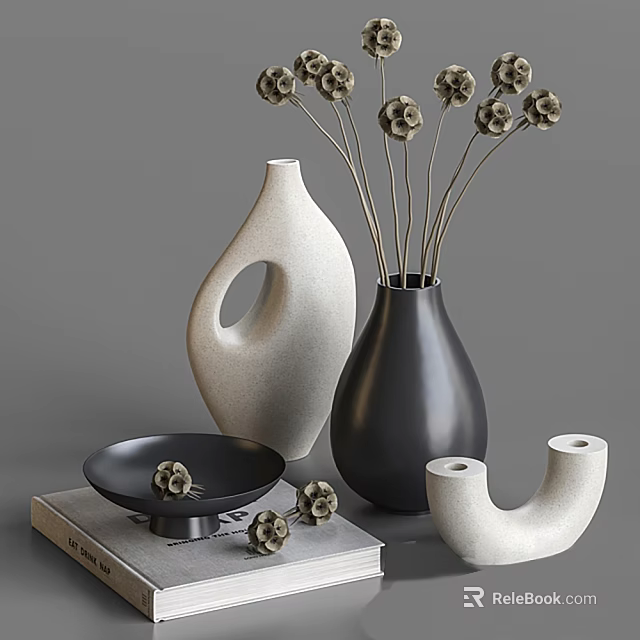 Modern Minimalist Decorative Ornament Set With White Black Vases Flower Branches And Curved Bowl 3d model 
