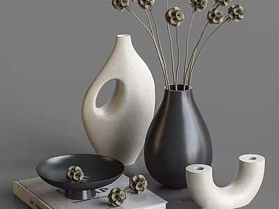 Modern Minimalist Decorative Ornament Set With White Black Vases Flower Branches And Curved Bowl 3d model