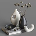 Modern Minimalist Decorative Ornament Set With White Black Vases Flower Branches And Curved Bowl