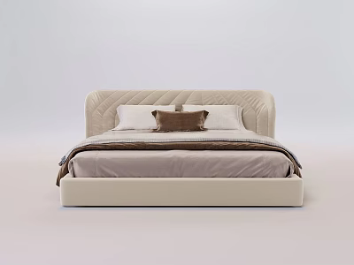 Modern Minimalist Double Bed with Quilted Beige Headboard and White Brown Pillows 3d model