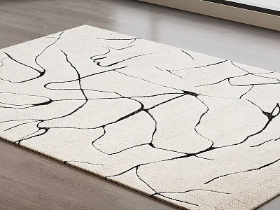 Modern Square Beige Rug Featuring Abstract Black Lines On Wooden Floor 3d model