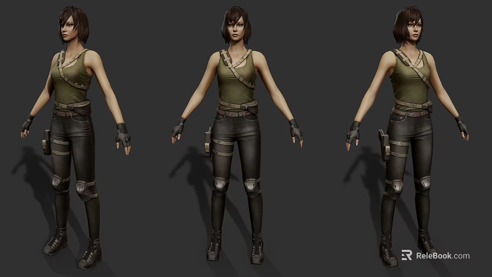 Women 3D Models In Green Tank Tops Black Leather Pants With Knee Pads And Gloves 3d model 