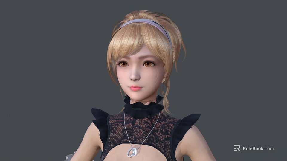 Blonde woman with light blue headband in black lace top and pendant necklace 3d model 