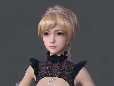Blonde woman with light blue headband in black lace top and pendant necklace 3d model