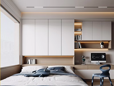 Modern Kids Room Interior With White Cabinets Desk Bed Bookshelf And Chair 3d model