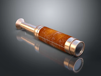 Commercial Equipment Brass Wooden Telescope With Blueprint Patterns On Smooth Reflective Surface 3d model