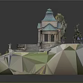 Detailed Architectural Model of Historic Pavilion with Green Lawn and Cars