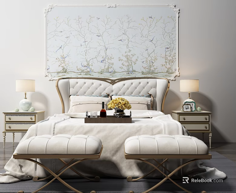 Elegant Double Bed With Carved Headboard Floral Wallpaper Nightstands Table Lamps Decorative Tray And Footstools 3d model 