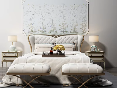 Elegant Double Bed With Carved Headboard Floral Wallpaper Nightstands Table Lamps Decorative Tray And Footstools 3d model