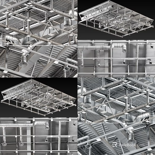 Industrial Ceiling Structure With Metal Framework Pipes and Grid Design Elements 3d model