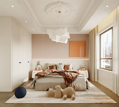 Modern Kids Room Interior Design With Cozy Bed Stuffed Toys And Chandelier 3d model