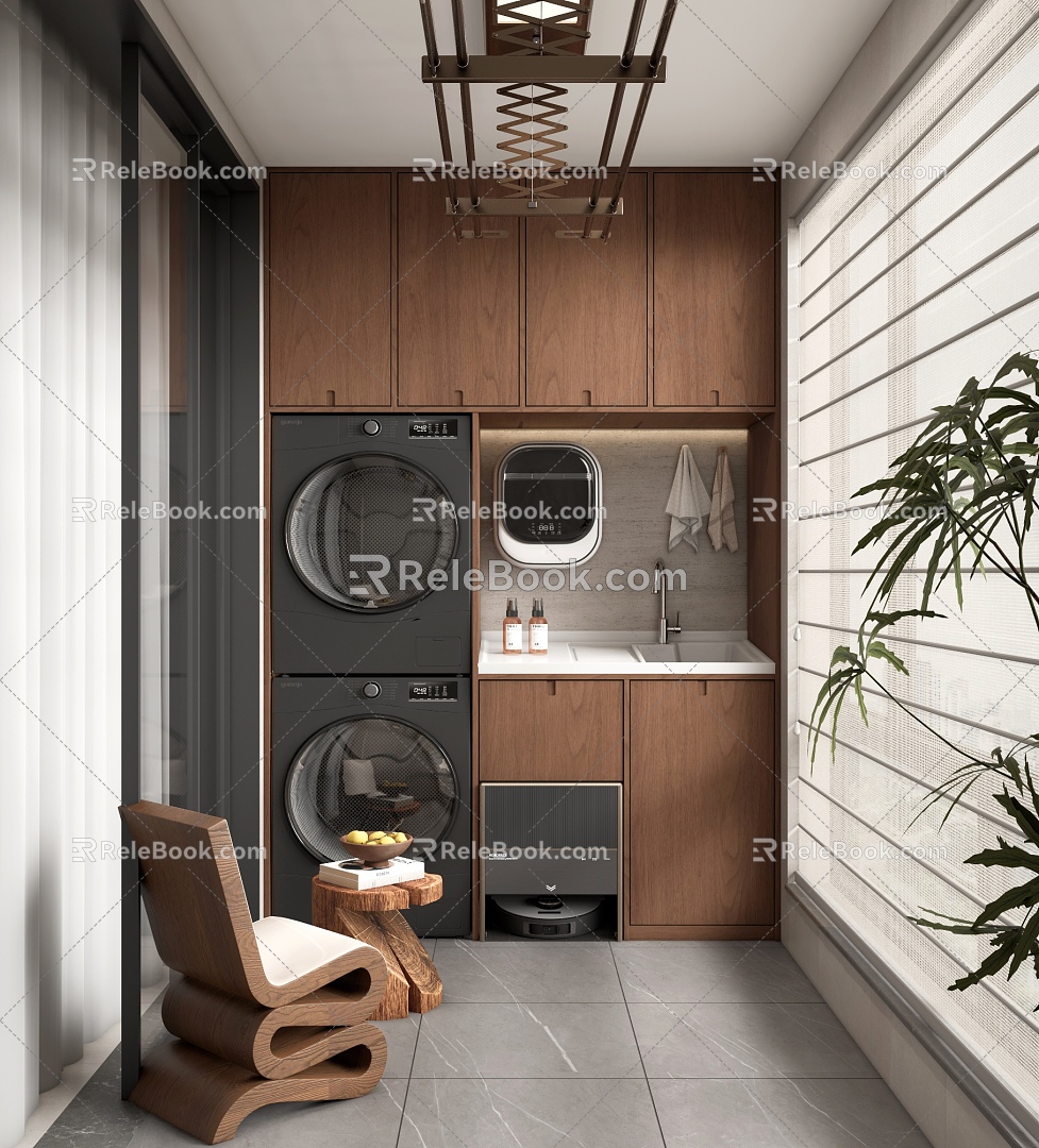 Antique Balcony Washing Machine Cabinet Washing Machine Laundry Room Drying Rack Bathroom Supplies Roman Curtain 3d model