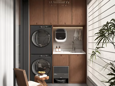 Home Balcony Laundry Area With Stacked Washer Dryer Wooden Cabinets Small Sink And Green Plant 3d model