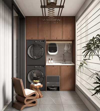 Home Balcony Laundry Area With Stacked Washer Dryer Wooden Cabinets Small Sink And Green Plant 3d model
