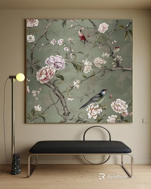 Vibrant Botanical Painting with Pink and White Peonies Branches and Birds on Green Canvas 3d model 