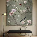 Vibrant Botanical Painting with Pink and White Peonies Branches and Birds on Green Canvas