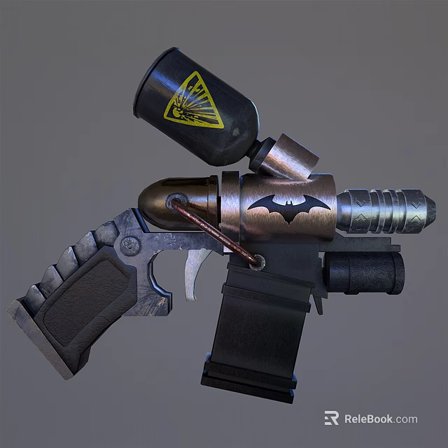 Futuristic Tactical Weapon With Black Canister Yellow Warning Symbol Bat Design And Metallic Grip 3d model 
