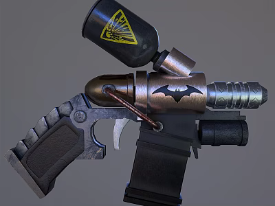 Futuristic Tactical Weapon With Black Canister Yellow Warning Symbol Bat Design And Metallic Grip 3d model