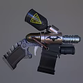 Futuristic Tactical Weapon With Black Canister Yellow Warning Symbol Bat Design And Metallic Grip