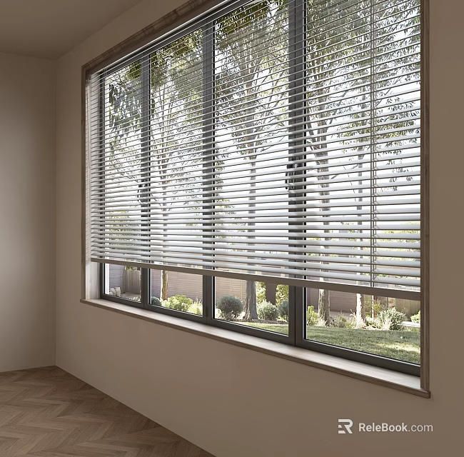 Window Blinds on Large Indoor Window with Green Trees Outside Natural View 3d model 