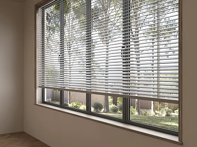 Window Blinds on Large Indoor Window with Green Trees Outside Natural View 3d model