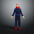 Anime Fantasy Creature Character With Pink Hair Red Scarf Blue Outfit And Red Shoes