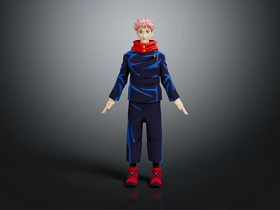 Anime Fantasy Creature Character With Pink Hair Red Scarf Blue Outfit And Red Shoes 3d model