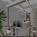 Modern Cafe Interior With Wooden Counter Coffee Machine Warm Lighting Tables Chairs And Menu Board