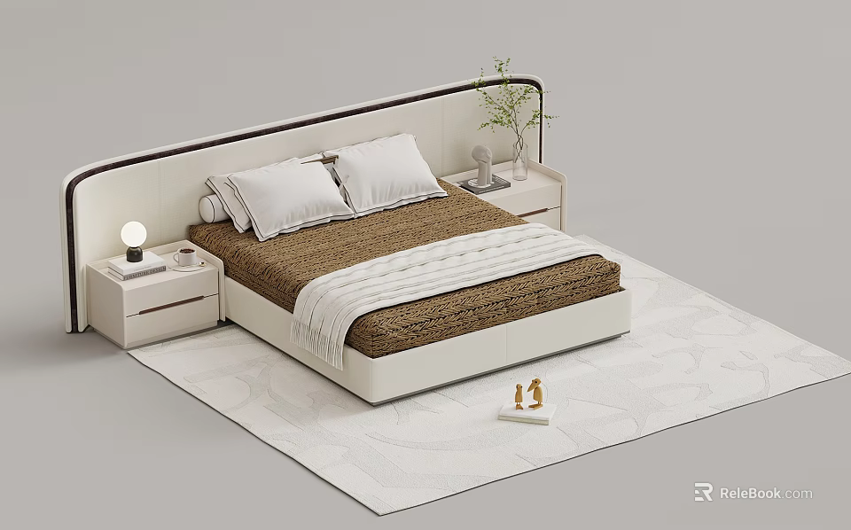 Modern Double Bed with White Headboard Brown Mattress White Nightstands Table Lamp and Green Plant 3d model 