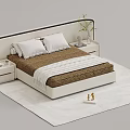 Modern Double Bed with White Headboard Brown Mattress White Nightstands Table Lamp and Green Plant
