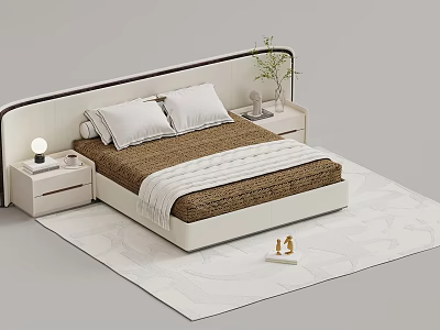 Modern Double Bed with White Headboard Brown Mattress White Nightstands Table Lamp and Green Plant 3d model