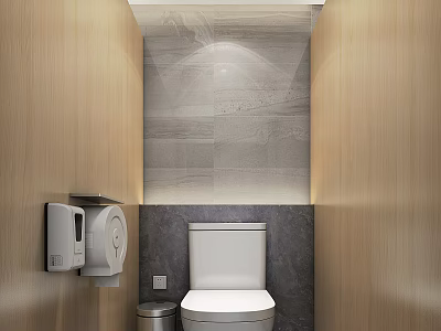 Public Restroom Interior With Toilet Toilet Paper Dispenser Trash Can And Modern Wall Design 3d model