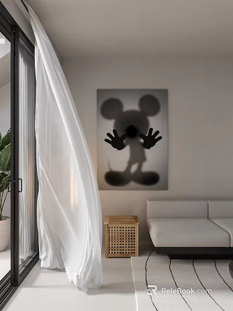 Living Room Interior With Mickey Mouse Silhouette Painting White Curtains And Sofa 3d model 