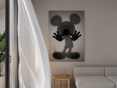 Living Room Interior With Mickey Mouse Silhouette Painting White Curtains And Sofa 3d model