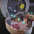 Cartoon Style Guitar Shaped Open Interior Scene with Ladder Table Chairs Decorative Pictures and Lights