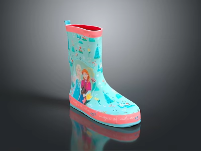 Kids Light Blue Rain Boots With Pink Trim And Cartoon Character Prints For Children 3d model