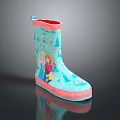 Kids Light Blue Rain Boots With Pink Trim And Cartoon Character Prints For Children