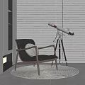 Stylish Black Leather Leisure Chair With Wooden Frame On Round Rug Near Telescope And Fireplace