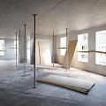 Unfinished Interior Space With Concrete Walls Metal Pillars Wooden Planks And Windows