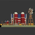 Cartoon Farm Scene with Red Barn Blue Roof Windmill Hay Bales Ladder and Wooden Fence