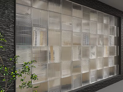 Modern Interior Glass Block Wall Design With Textured Panels And Green Plant 3d model